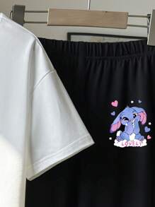 Tween Girl Lovely Bunny Print Short Sleeve White T-Shirt & Black Knit Skinny Bellbottom Pants 2pcs Cute Set Bunny Print Outfit Summer Outfit Girls - White - View 5