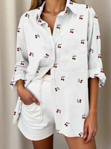 INAWLY Áo thun nữ in họa tiết quả anh đào đi nghỉ thường ngày - trắng - Xem 7