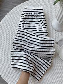 Comfortcana Women's Knit Striped Lace Waist Hem Loose Wide Leg Pants - Black and White - View 3