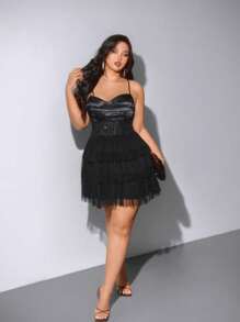 Viva Relle Plus Size Dark Sequin Punk Cami Dress For Rave, - Black - View 3