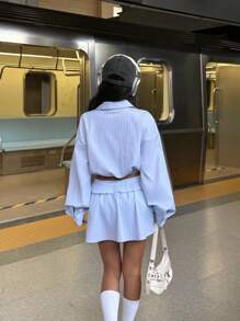 SHEIN EZwear 2pcs Women Casual & Commuting Striped Shirt And Skirt Set - Blue and White - View 2