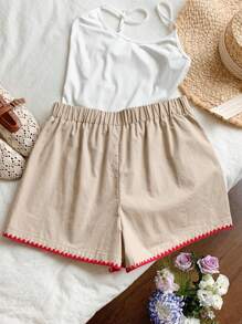 Comfortcana Quần short nữ mùa hè đi biển, thiết kế khóa kéo bên hông, viền hoa, có túi, kiểu dáng thường ngày, quần short giáo viên, phong cách bohemian. - Màu be - Xem 2