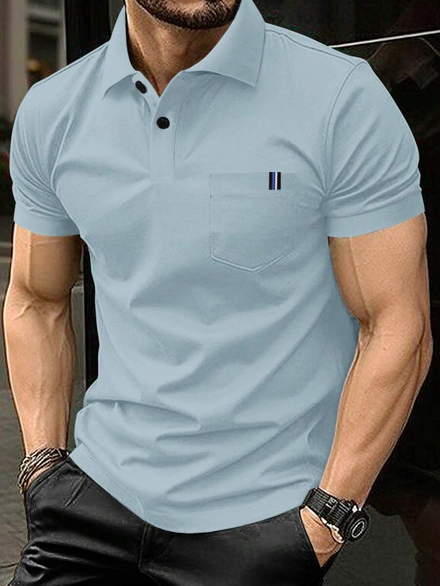 Manfinity Homme 男士夏季休闲拼布口袋短袖 Polo 衫浅灰色男士贴袋 Polo 衫，适合商务通勤，短袖常规版型 Polo 衫，浅灰色面料，适合办公室风格，男士 Polo 衫，老钱风格 - 淺灰色 - 查看 1