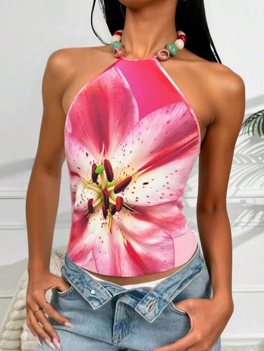 INAWLY Áo hai dây hở lưng trang trí đính cườm in hoa - Nhiều màu - Xem 1