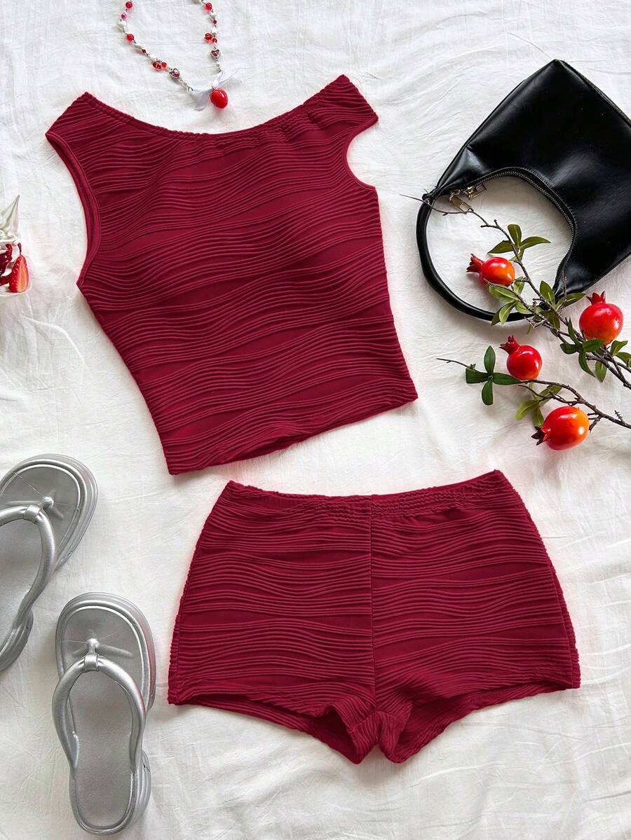 Soleia Women's 2Pcs Set Red Textured Knit Asymmetrical Neck Fitted Top And Super Low Waist Bodycon Shorts, Vacation, Party, Beach, Cruise, Holiday, Music Festival, Boho Style - Burgundy - View 1