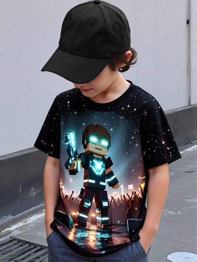SHEIN Camiseta de manga corta con estampado de estrella, cielo, escenario, pistola y figura humana para niño pequeño, camiseta básica de moda (2 piezas se venden por separado como juego de hermanos) Camisetas gráficas para niños, camiseta de niños con temática de juegos