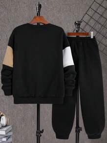 SHEIN Conjunto de sudadera y pantalones de chándal para niños preadolescentes, en estilo de combinación de colores, casual, cómodo, de moda, simple, práctico y versátil, de tela suave, adecuado para uso diario, la escuela, viajes y deportes al aire libre, para todas las estaciones - Multicolor - Ver 3