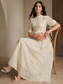 Anewsta Elegant Round Neck Decorative Button Waist Tie Short Sleeve Flared Hem Dress - Apricot - View 5