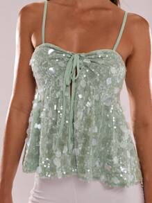 SHEIN BAE 女士夏季性感华丽亮片波西米亚风沙滩度假装露背吊带上衣，性感夜店装，沙滩度假上衣，情人节 - 薄荷綠 - 查看 6
