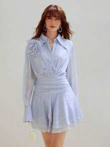 MOTF PREMIUM CHIFFON STRIPED PRINT STEREO FLOWER DETAIL RUCHED WAIST SHORT DRESS - Blue - View 5