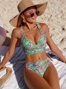 Swim Lushoire Set di bikini a incrocio con stampa paisley per le donne, adatto per vacanze in spiaggia, estate