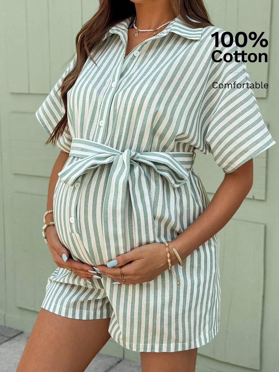 SHEIN 孕妇夏季休闲条纹短袖开襟连衣裙 - 綠色 - 查看 1