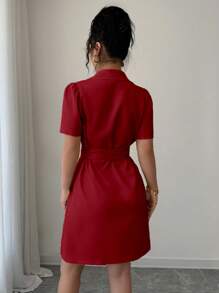 Rafferiza Women's Simple Solid Color Lapel Tie Waist Double Breasted Short Puff Sleeve Dress, Summer - Red - View 2