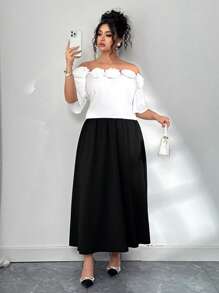 Elenzga Plus Size Women's Elegant Off-Shoulder Blouse, Floral 3D Decor Color Block Skirt 2 Pieces Set - Black and White - View 4