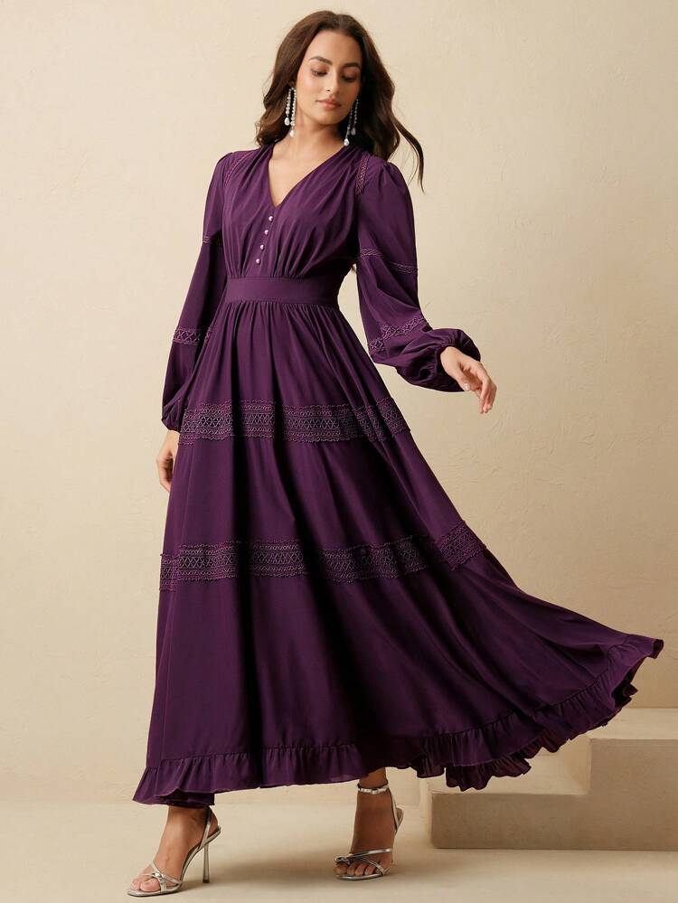Women's Vintage High-End Grape Purple V-Neck Waist Cinched Dress With Flowy Skirt, Resort Style, Summer