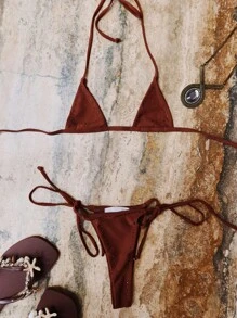 Musera Resort Crystal Hotfix Detail Triangle Bikini Set Spring Summer Vacation Sexy Boho Ibiza Festival Beach Swim Elegant Holiday - Coffee Brown - View 1