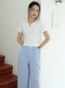 青少年和娇小女孩纽扣柔软舒适T恤和条纹束腰宽松长裤休闲家居服套装 - 藍白色 - 查看 3
