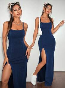 SHEIN ICON 女士牛仔连衣裙，性感细肩带，高开衩，蓝色 - 深色水洗藍 - 查看 1