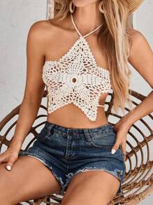 SHEIN Swim Áo crop top hở vai thời trang màu trơn mùa hè thiết kế hoa móc gợi cảm gợi cảm - Màu be - Xem 2