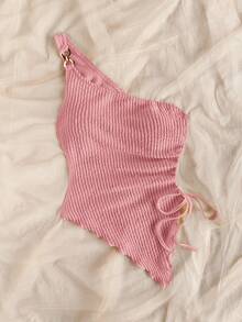 Soleia 女士夏季度假米色针织提花纹理单肩修身下摆开衩抽绳褶饰吊带背心，适合派对、约会、情人节、复活节、狂欢节、下午茶、海滩、游轮、城市街头度假 - 粉色 - 查看 6