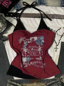 Top de cuello de halter con bloqueo de color y estampado de eslogan de moda de verano - Burdeos - Ver 3
