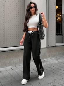 Women Casual Solid Color Low Waist Wide Leg Pants - Black - View 3