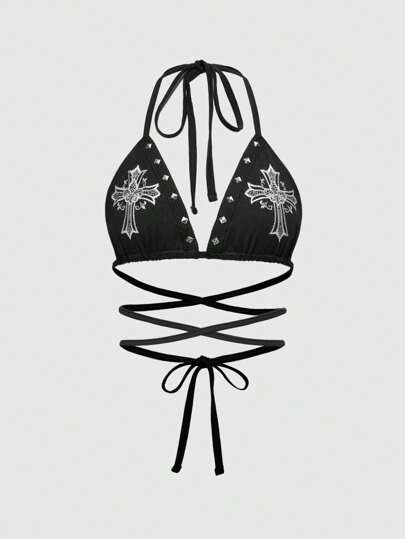 Goth Camiseta corta escotada con estampado de cruz gótico, adornada con cristales y remaches en estilo Y2K