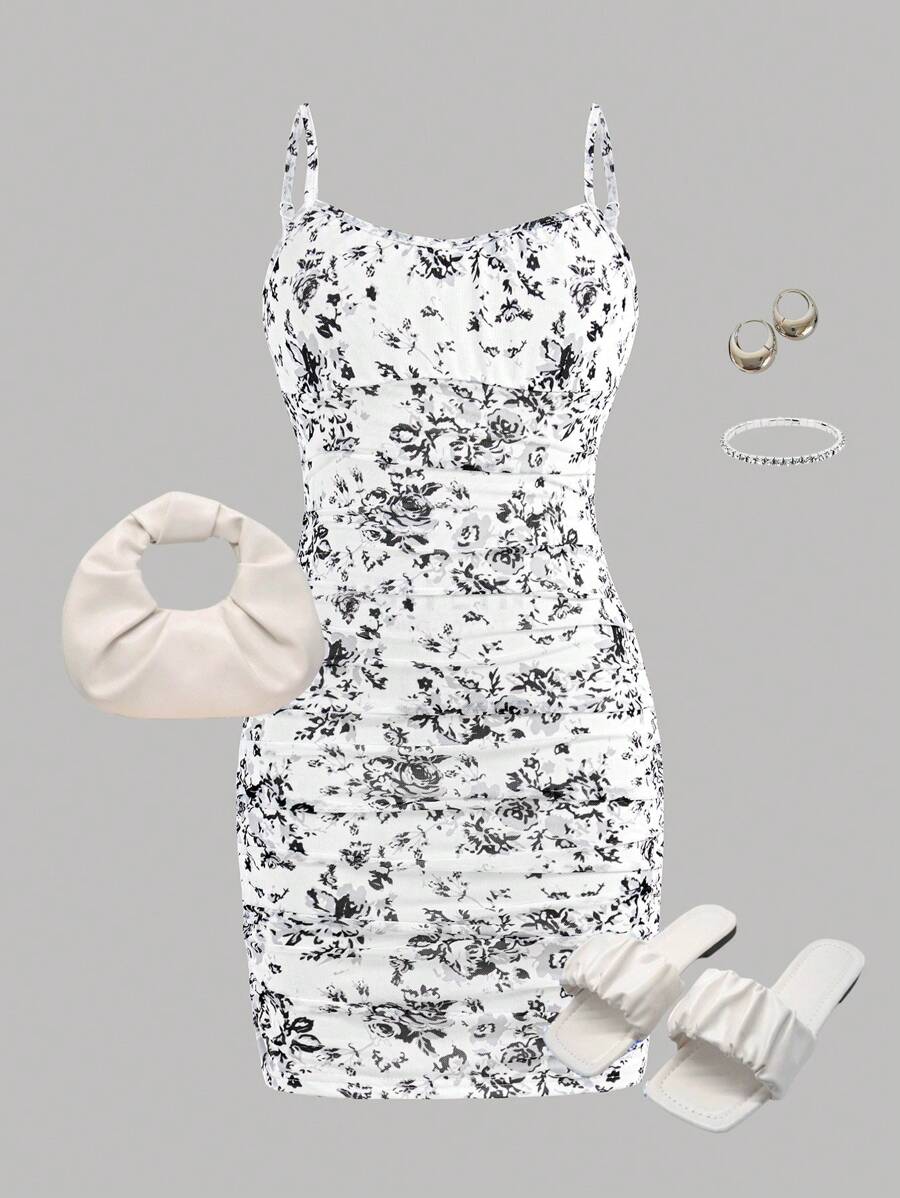 SHEIN Girlism 青少年女孩花卉印花网眼双层高弹性褶饰修身吊带背心休闲迷你连衣裙 - 黑與白 - 查看 1