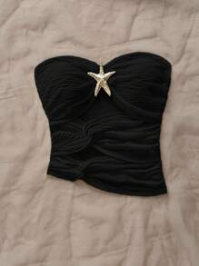 Soleia Áo thun nữ bó sát vải dệt kim màu trắng có họa tiết hình sao biển, viền áo bất đối xứng, áo cánh thời trang ôm vừa vặn gợi cảm cho tiệc tùng, hẹn hò, ngày lễ tình nhân, lễ hội âm nhạc, du thuyền trên bãi biển nghỉ dưỡng mùa xuân hè - màu đen - Xem 7