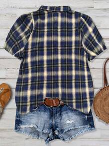 SHEIN LUNE CURVE 大码女式夏季乡村音乐节休闲复古泡泡袖格子衬衫 - 藏蓝色 - 查看 2