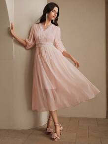 Anewsta 优雅蕾丝边V领大气优雅女装 - 粉色 - 查看 4