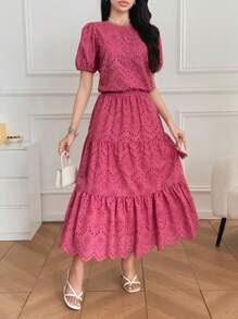 DAZY 女士两件套：镂空刺绣泡泡袖上衣和半身裙 - 粉色 - 查看 7