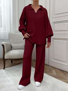 EURMUSE Rib Pattern Polo Neck Sweater And Pant 2pcs Set