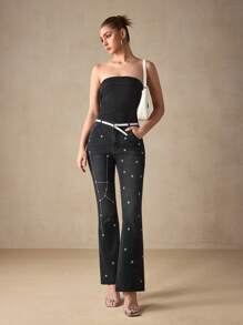 SHEIN Essnce 女士牛仔裤 - Selenza 星座系列，优雅系列，金牛座刺绣图案，优雅通勤休闲装，星空图案，治愈系，意志坚强，热情，友善，有责任感 - 藍色 - 查看 8