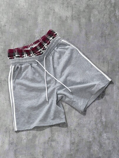 Prep Men's Casual Sport Shorts,Gray Main Body With White Side Stripe, Red Black Plaid Waistband