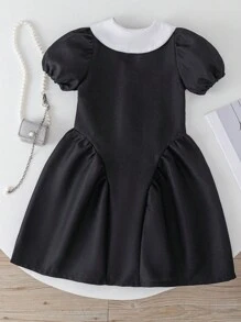 Vestido de Moda com Gola Peter Pan, Manga Bufante e Amarração na Cintura, Azul, para Meninas Pré-Adolescentes, Verão - Preto - Visão 2