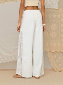 SHEIN MOD Women's Vacation Casual Solid Color Lace Patchwork Pants,Fall,Work Pants,White,Old Money Style,Back To School,Beach Vacation - White - View 2