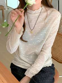 DAZY 女式半高领花卉装饰透明长袖休闲衬衫 - 米色 - 查看 1