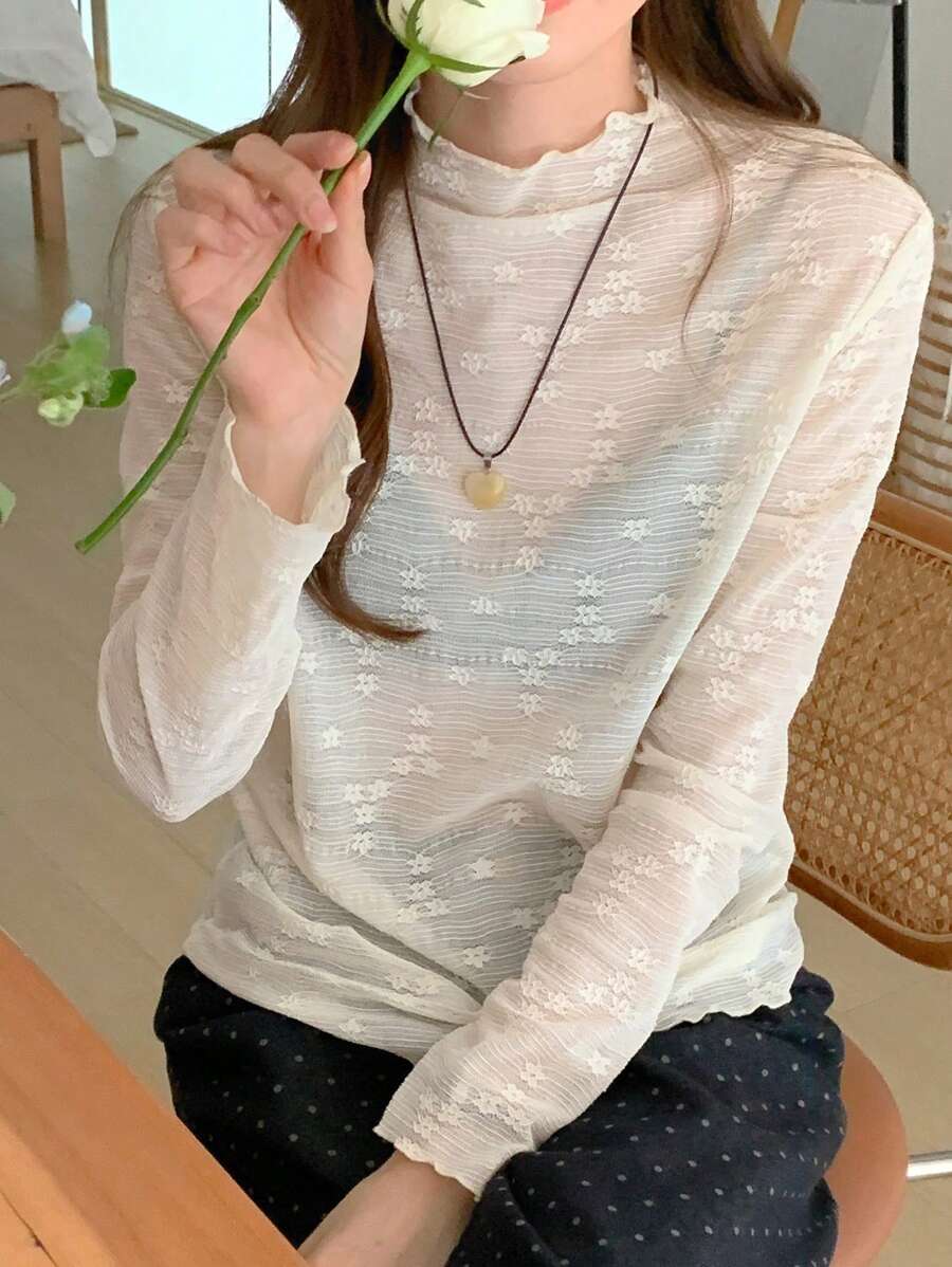 DAZY 女式半高领花卉装饰透明长袖休闲衬衫 - 米色 - 查看 1