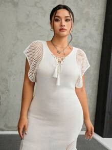 SHEIN EZwear Vestido ajustado de mujer de talla grande con diseño de lazo, de manga corta, con flecos y con abertura en el Body - Blanco - Ver 6
