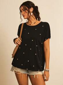 SHEIN VCAY Camiseta holgada con estampado de corazón en estilo bohemio y casual para talla grande, sencilla y de moda para uso diario en verano