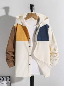 1 Piece Tween Boy 休闲运动学院艺术风格复古宽松版型灯芯绒材质面料多色拼接连帽长袖衬衫适合返校适合生日派对、晚会、表演、婚礼、洗礼、开幕式日常适合日常使用适合上学适合旅行适合运动适合春夏秋季 - 卡其色 - 查看 1