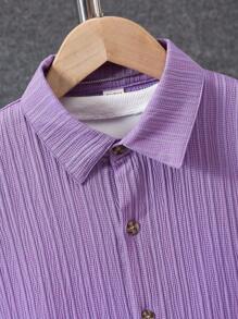 SHEIN Tween Boys' Solid Color Short Sleeve Shirt And Shorts 2 Pieces Set, Casual, School, Campus, College - Purple - View 8