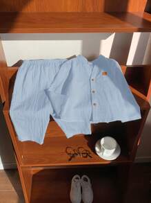 SHEIN 2 Stück Baby Jungen/Mädchen Lässig Outfit - Langarm Hemd mit Kragen und Hose mit Gummibund Grundausstattung, geeignet für Frühling, Sommer, Herbst, perfekt für Geburtstags-Party, Neujahrs-Party, Hochzeit, Baby-Shower Hellblau Baby Jungen Outfit Baby Jungen Leinen Outfit Baby Jungen Outfit Erster Geburtstag Jungen Outfit Herbst Winter - Blau - Übersicht 7