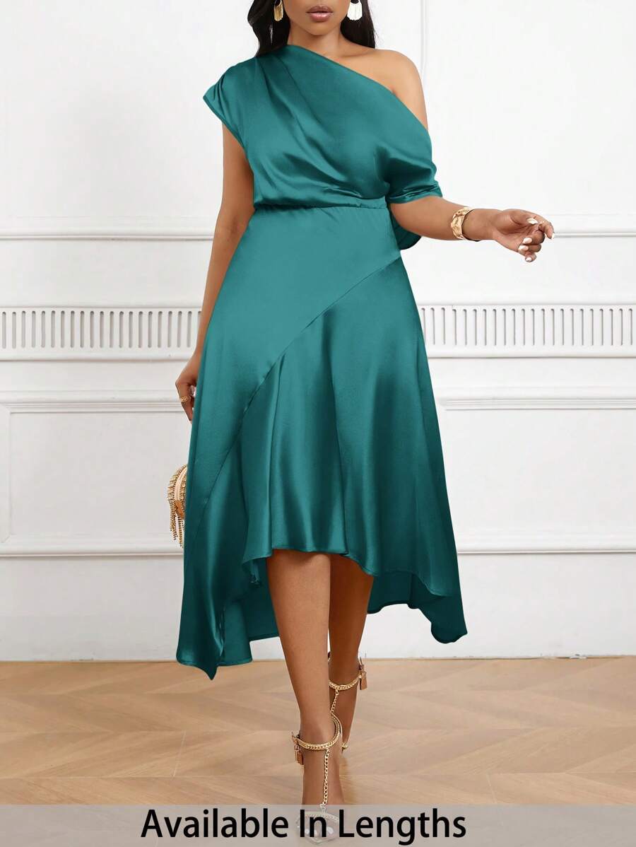 SHEIN Tall CURVE 加大码不对称下摆缎面收腰礼服，优雅晚礼服 - 青碧色 - 查看 1