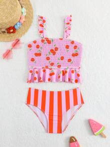 SHEIN Young Girl Tomato Striped Print Ruffle Strap Crop Top Tankini 2-Piece Swimsuit Set - Multicolor - View 3