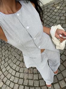 SHEIN EZwear 女士通勤条纹背心套装两件套日常装夏季女装2件套女商务休闲女舒适田园教师装夏季办公室装女秋冬 - 彩色 - 查看 1