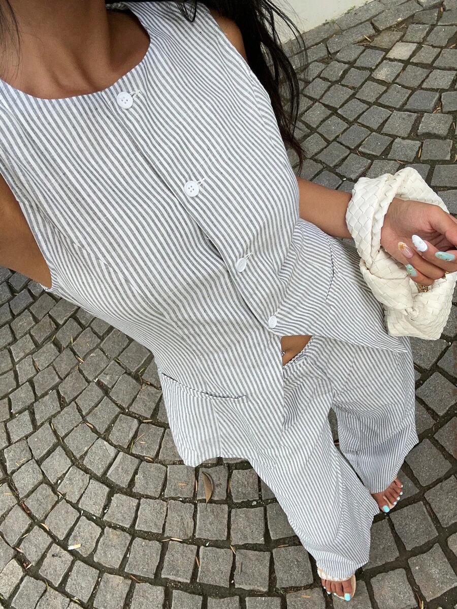 SHEIN EZwear 女士通勤条纹背心套装两件套日常装夏季女装2件套女商务休闲女舒适田园教师装夏季办公室装女秋冬 - 彩色 - 查看 1