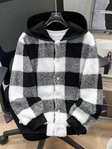 Tween Boys Casual Plaid Fleece Hooded Jacket, Open Front Loose Thick Outerwear For Autumn/Winter, Boys Teddy Jacket, Boys Plaid Jacket, Kids Black And White Hoodie Fall - Black - View 3
