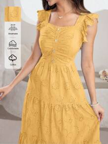 Modelyn Vestido con cuello cuadrado sin mangas, con adorno de volantes, botones de perla y bordado azul - Amarillo - Ver 2